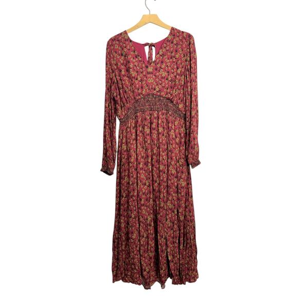 Garnet Hill V Neck Long Sleeve Floral Boho Maxi Dress Red/Pink Size 14 - Picture 1 of 5
